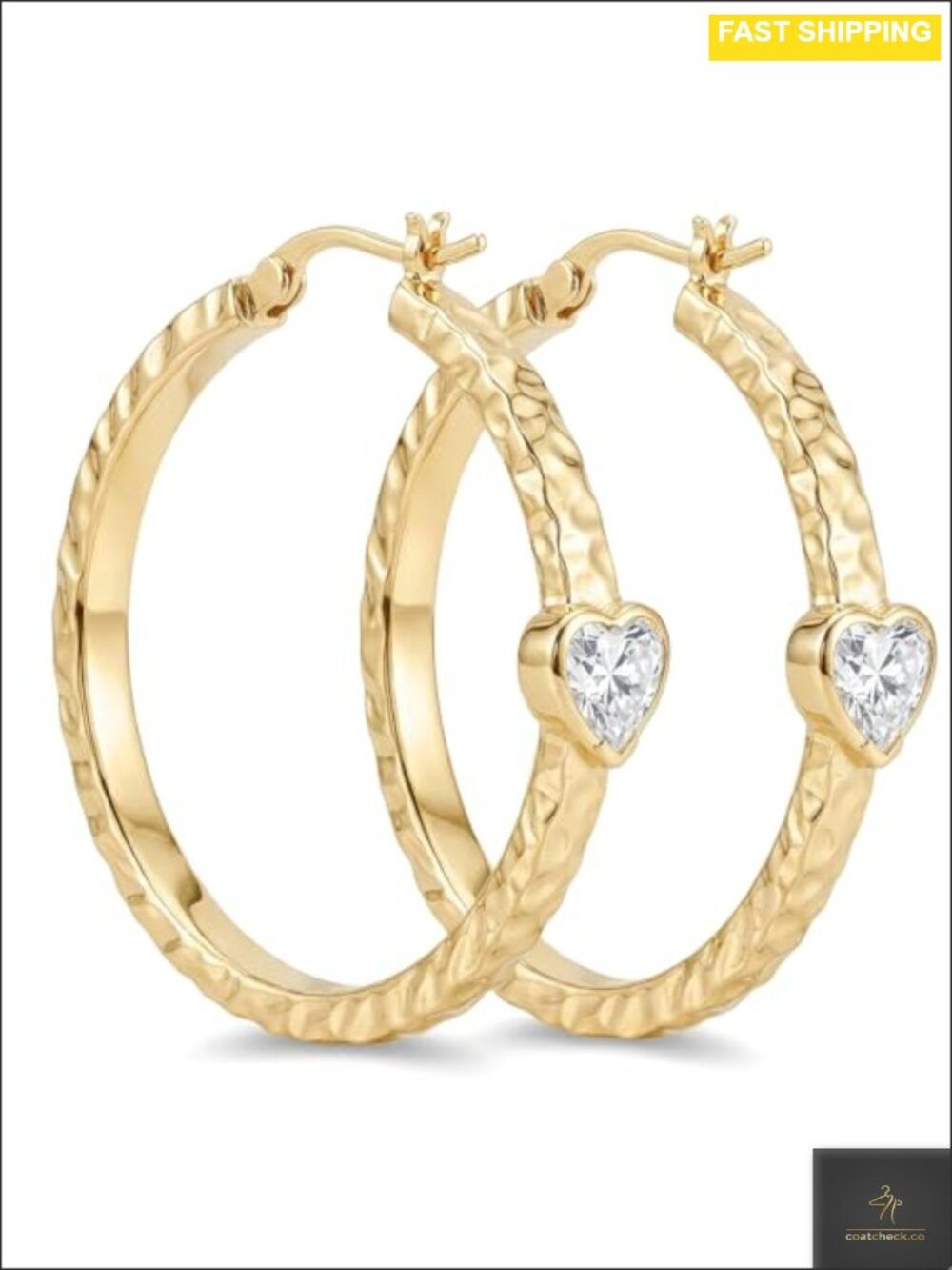 14k Gold Plated Hoop Earrings with Heart Cubic Zirconia, Textured